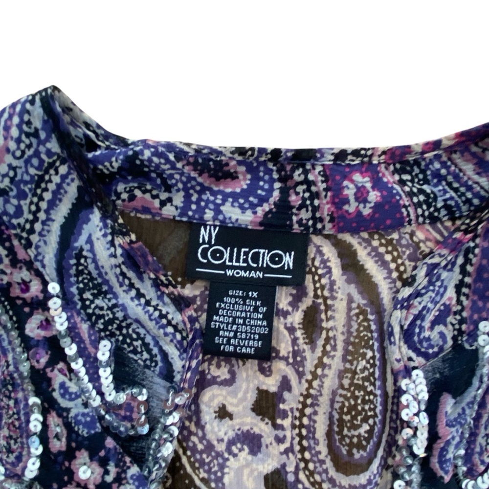 NY Collection 100% Silk Sheer Paisley Blouse Boho Sequin Plus Size 1X - Picture 7 of 10